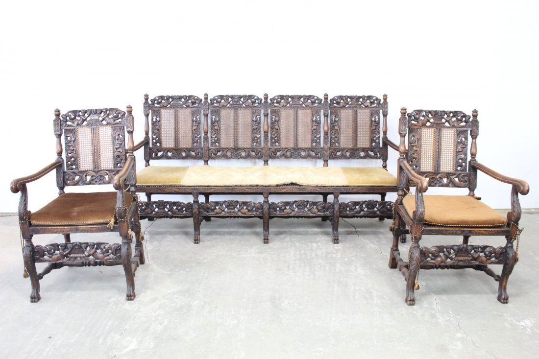 Set of Carved Wood Arm Chairs & Sofa w/Cane & Cushion (1 of 18)