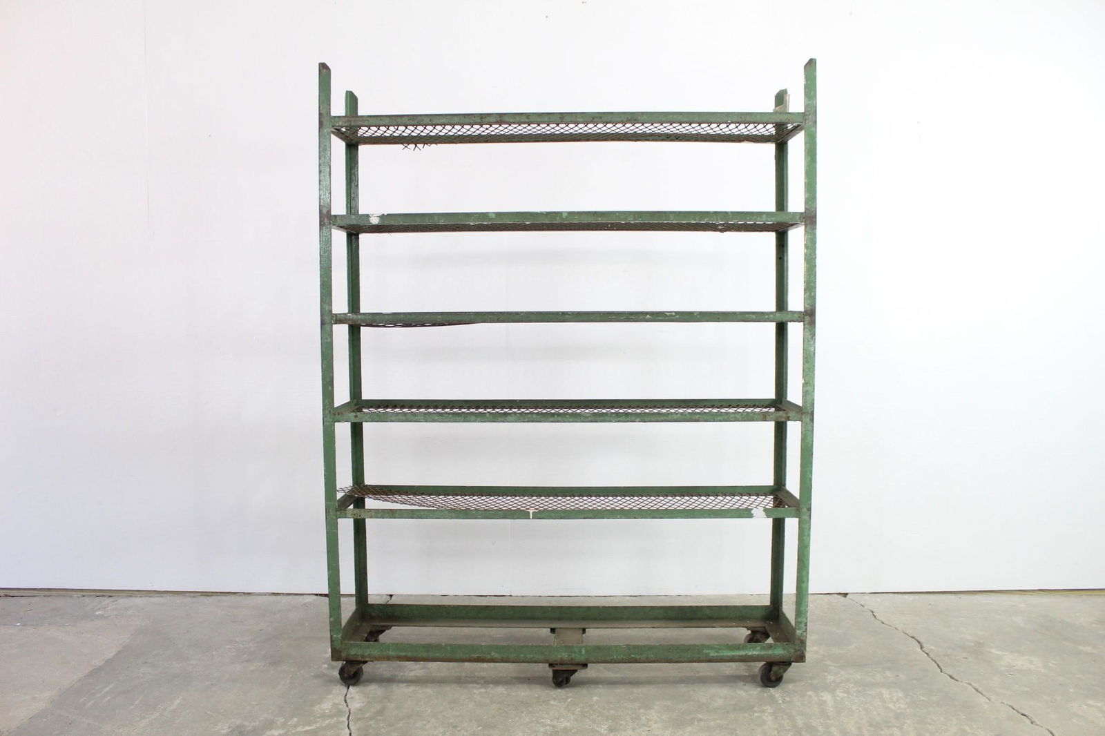 1 of 4 Industrial Green Metal Rolling Cart Shelf Unit (1 of 8)