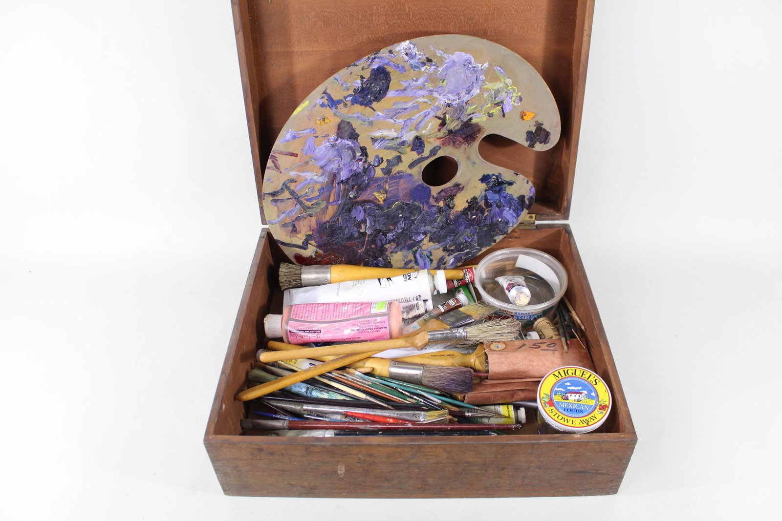 Wood Artist's Box Full,Paint Brushes & Painted Palette (1 of 12)