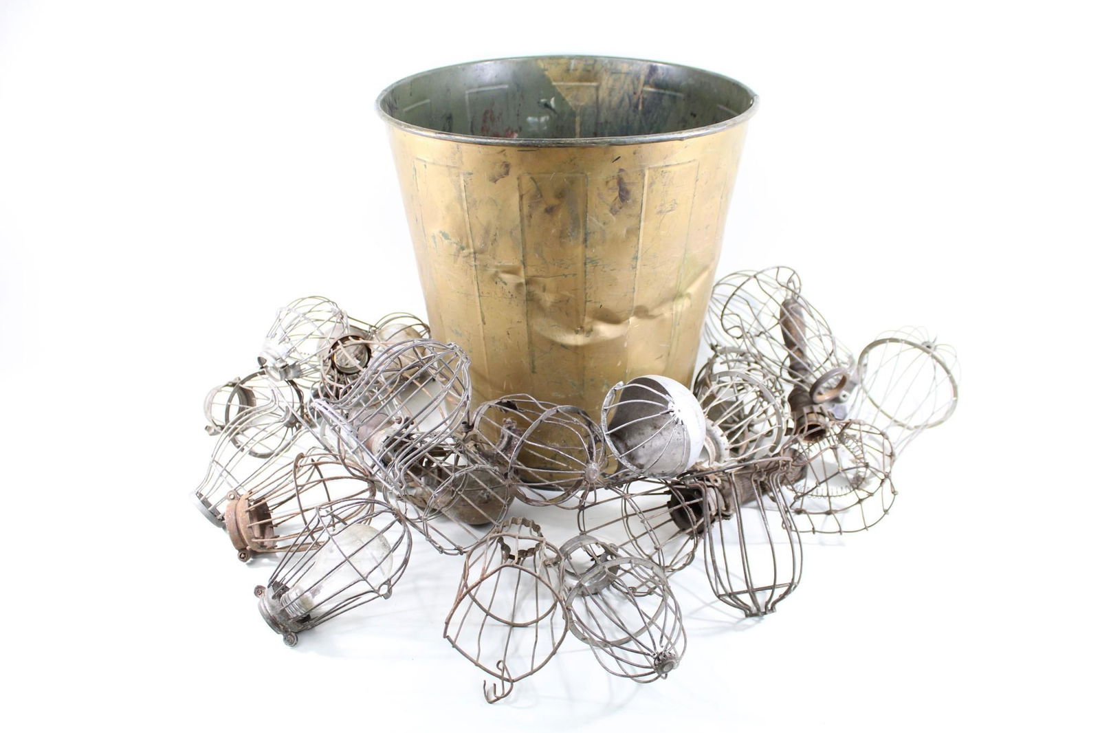 Lot of 24 Industrial Light Bulb Cages in old Trash Can (1 of 8)