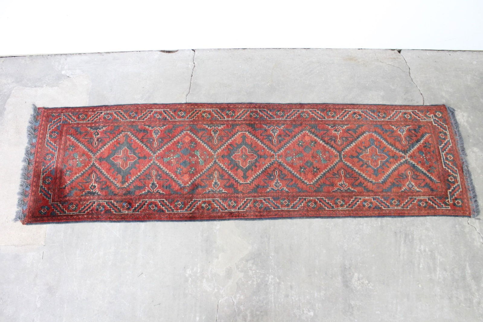 Woolen Oriental Floral Geometric Red & Blue Runner Rug (1 of 7)