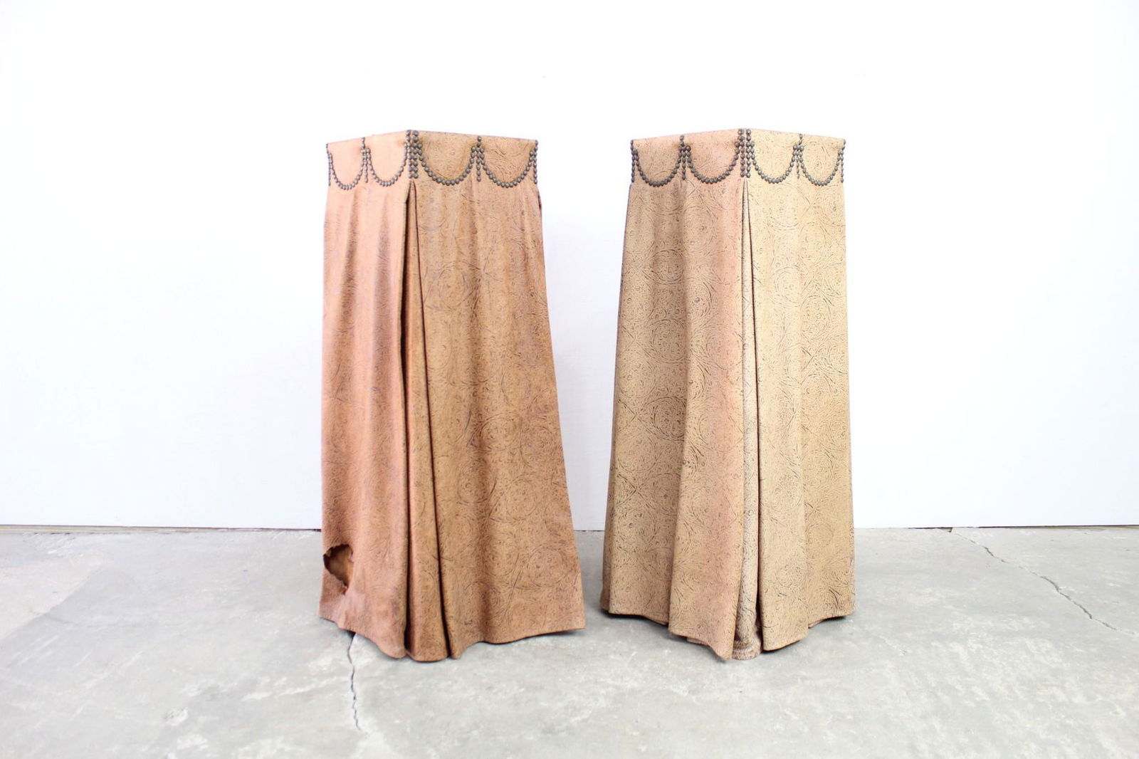 Pair Draped Embossed Leather Studded Display Pedestals (1 of 9)