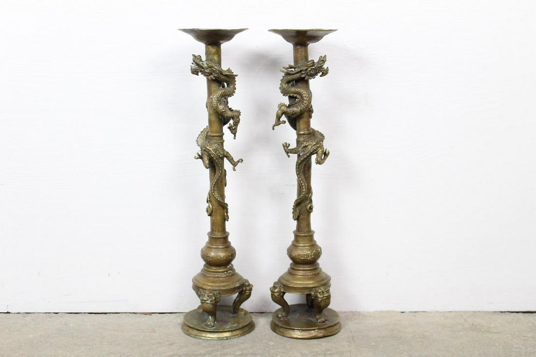 Pair Chinese Tall Cast Brass Dragon Candlestick Holders (1 of 11)