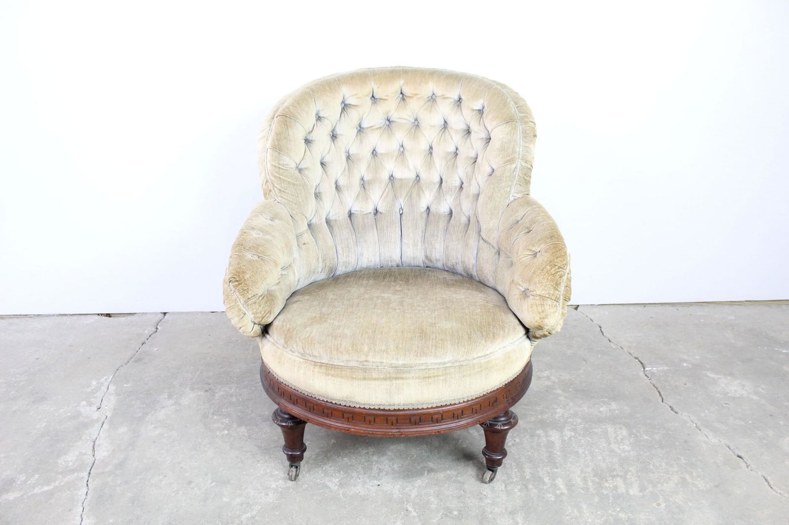 Antique Victorian Cream Tufted Velvet Upholstered Chair (1 of 14)