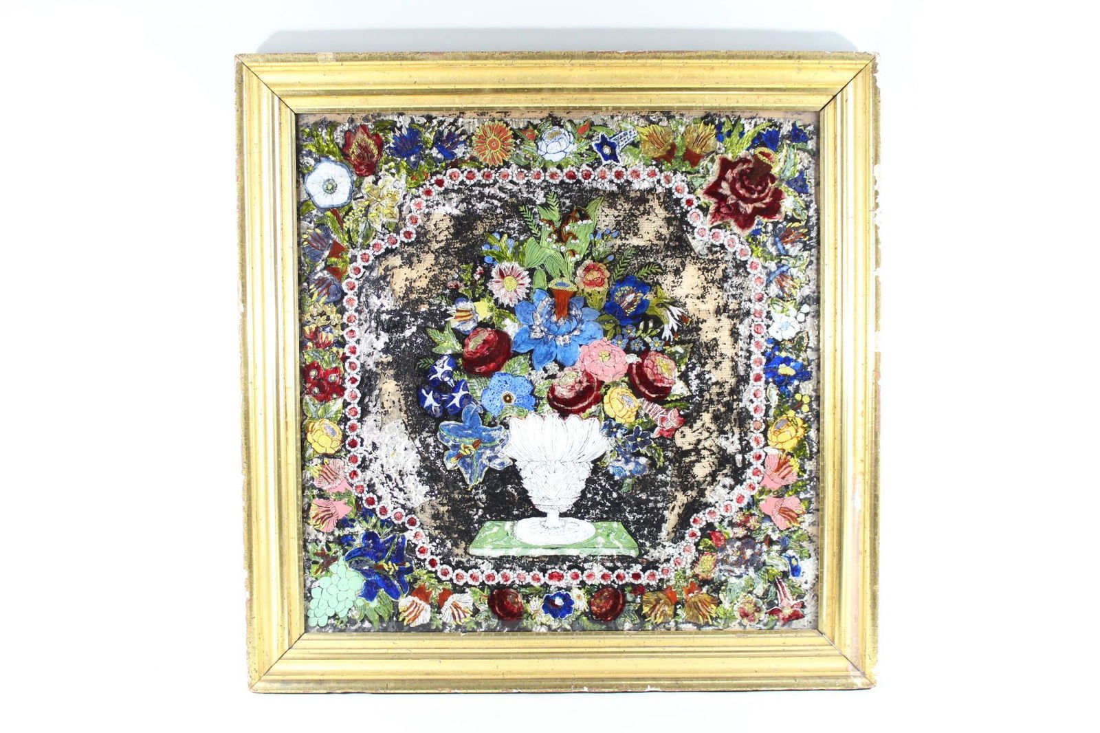 Gilt Frame Reverse-Painted Flowers Tinsel Foil Art (1 of 14)