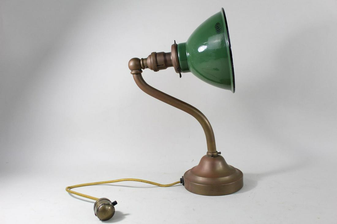 Green Enamel Brass GE Barn Sconce,Industrial,Ivanhoe: Green Enamel Bronze GE Barn Sconce w/ Cloth Pull Switch and Curved Neck. This vintage light is in remarkable condition for a design often seen on the sides of historic barns and in other humble rural 
