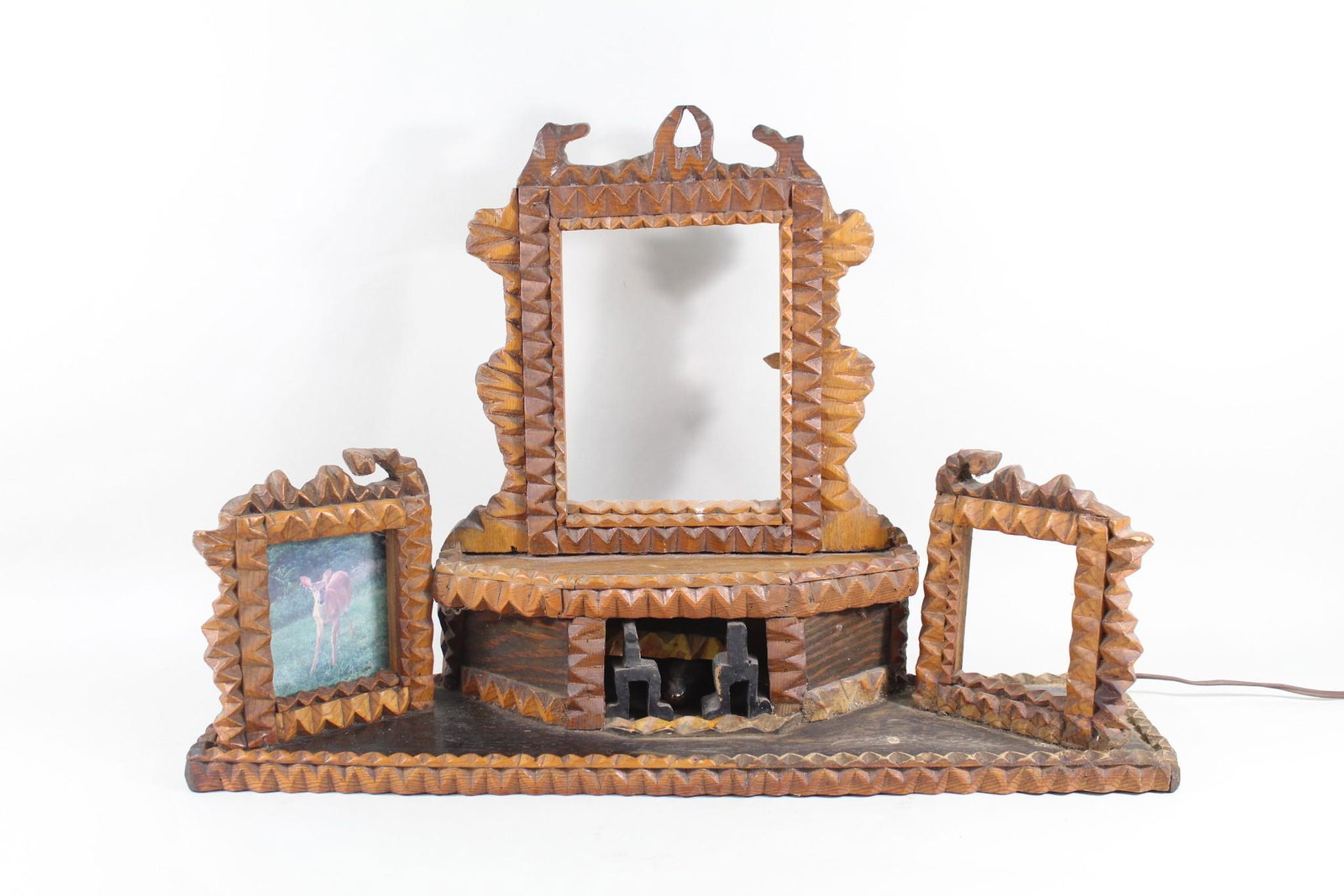 Wood Tramp Art Dresser Mirror w/Light & Picture Frames (1 of 9)