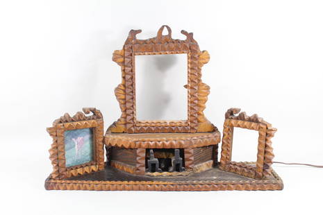 Wood Tramp Art Dresser Mirror w/Light & Picture Frames: Wood Tramp Art Dresser Mirror w/Light & Picture Frames. Unusual antique handmade tabletop mirror sits atop a carved base that looks like a fireplace, with an electric light inside. On either side is a