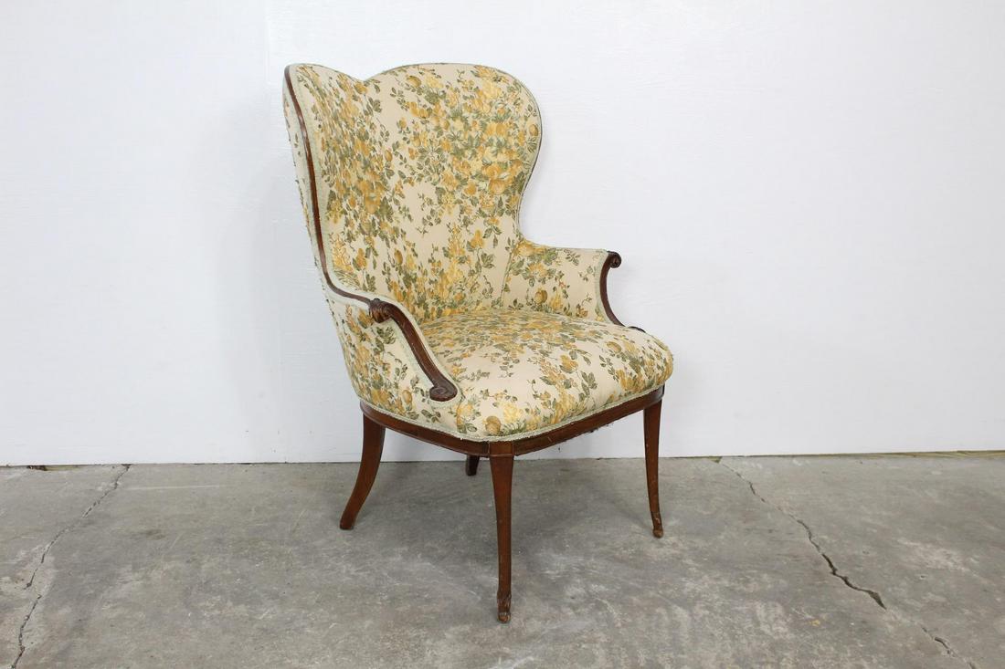 Antique Butterfly Wingback Armchair Yellow Upholstery: Antique Butterfly Wingback Armchair Yellow Upholstery. This charming antique armchair has two curved armrests with a lovely scroll on both ends, as well as a heart-shaped, butterfly wingback. It has s