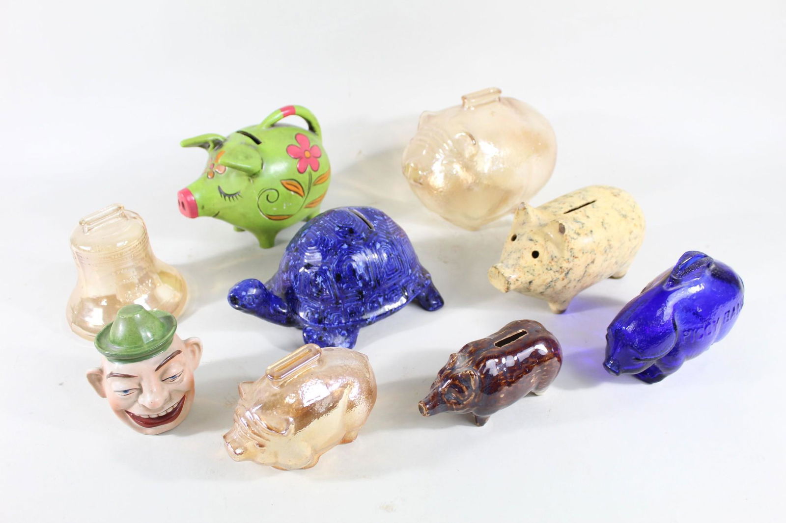 9 Glass & Ceramic Piggy Coin Banks, Bell, Turtle, Head (1 of 14)