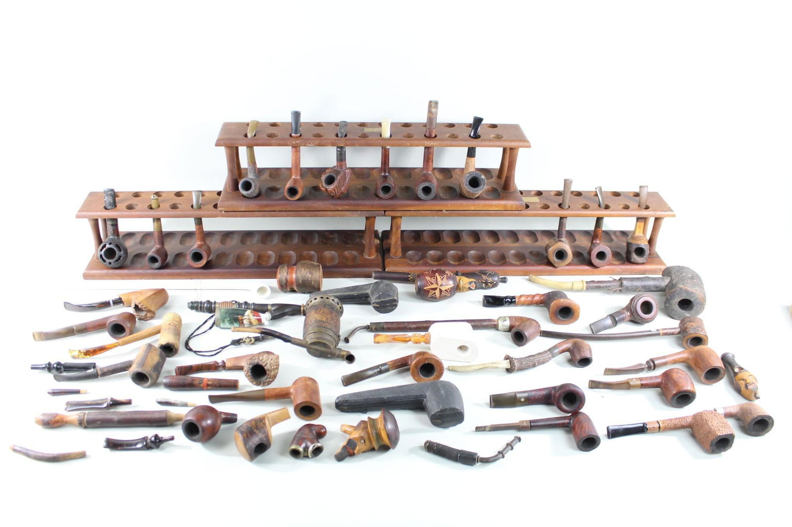 Large Tobacco Smoking Pipe Collection w/ 3 Pipe Stands (1 of 20)