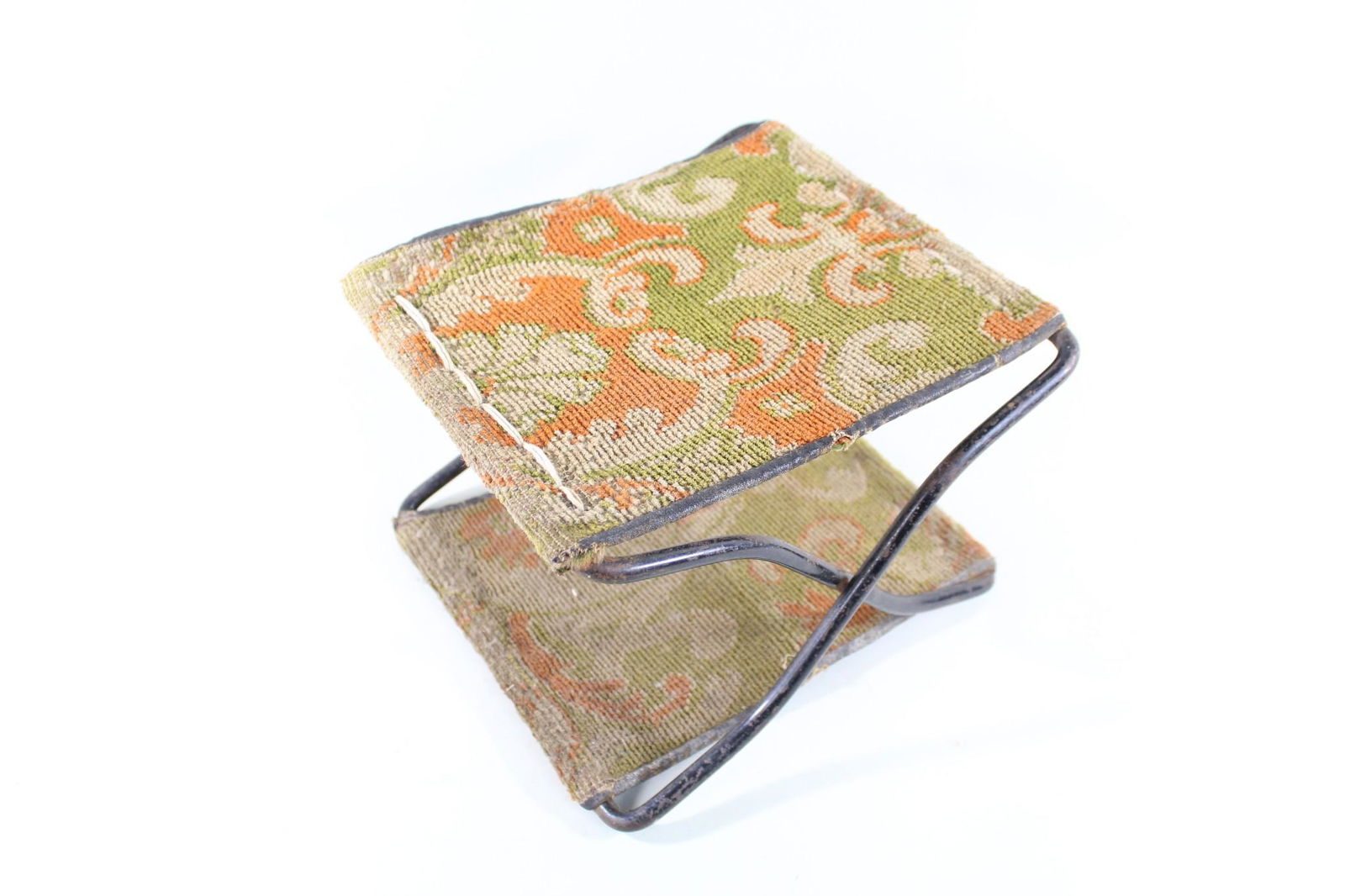 Small Antique Iron Ottoman,Foot Stool w/Floral Carpet (1 of 10)