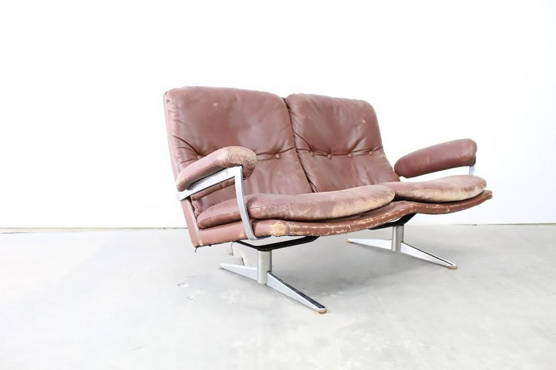 Mid-Century Modern Chrome Brown Leather Loveseat & Sofa (1 of 9)