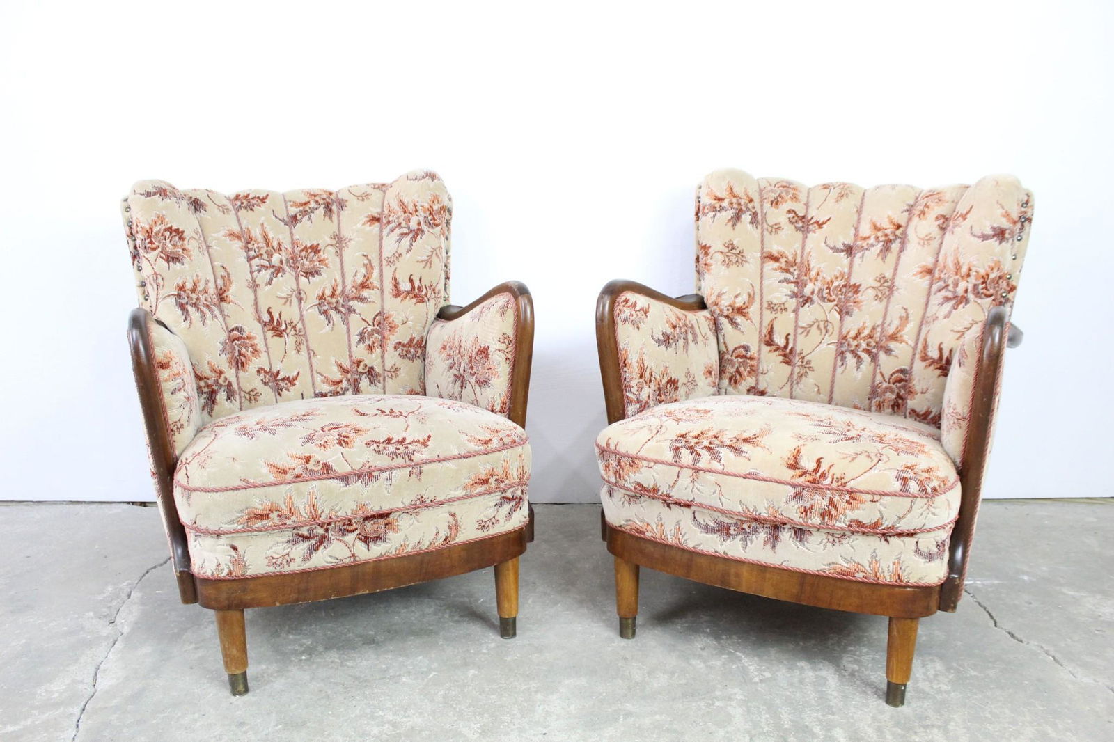 Pair of Danish Tan & Red Floral Upholstered Armchairs (1 of 15)