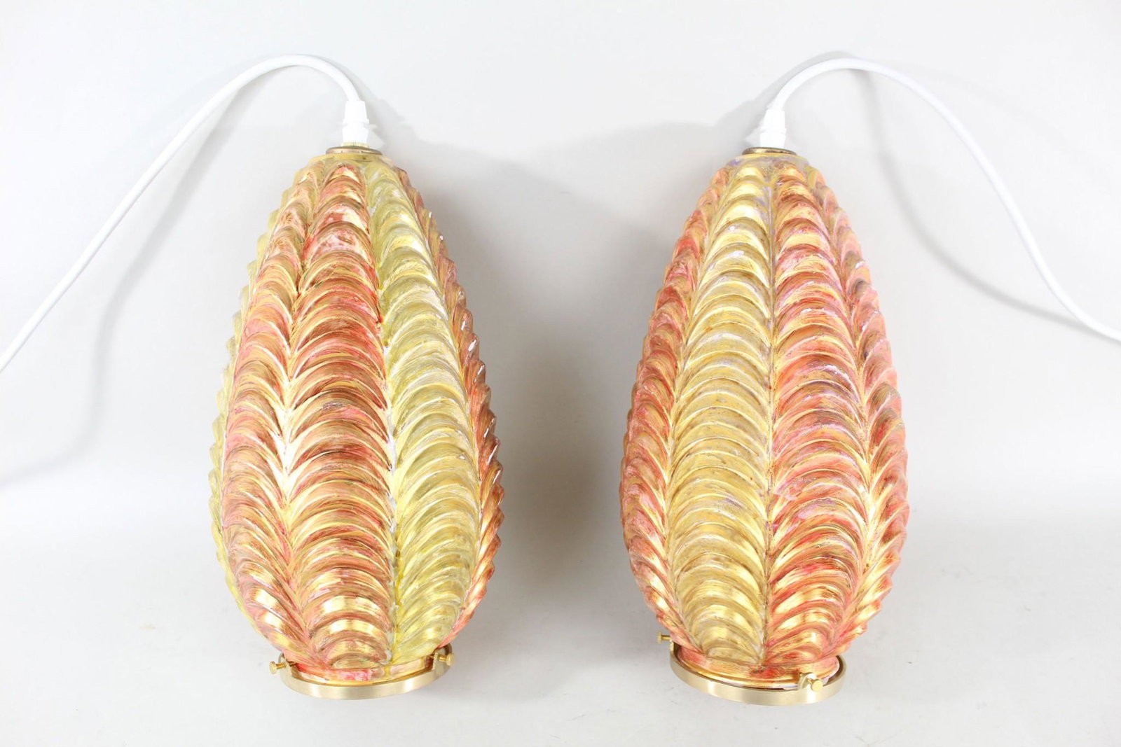 Pair of Yellow,Orange Scalloped Hanging Pendant Lights: Pair of Yellow,Orange Scalloped Hanging Pendant Lights. This is a charming pair of pendant lights made of scalloped glass and brass hardware. The surface of the lights are painted yellow and orange. T
