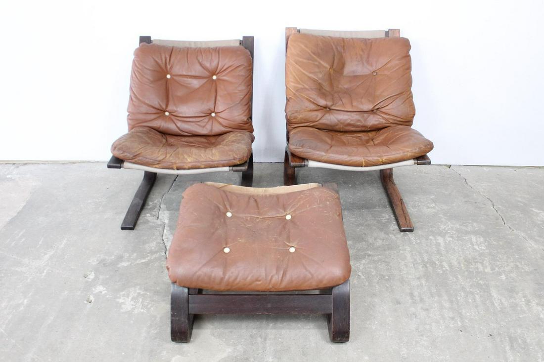 Pair Mid-Century Modern Wood & Leather Chairs & Ottoman (1 of 11)