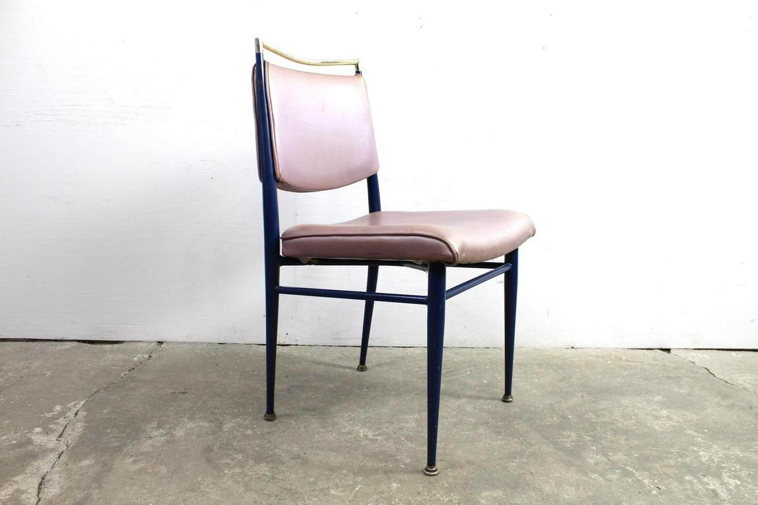 1950s Hollywood Regency Virtue Bros Brass Vinyl Chair: 1950s Hollywood Regency Virtue Bros Brass Vinyl Chair. This is a pink vinyl chairs from Virtue Bros. Mfg. Co. It was made in the 1950s, and taken from the Raleigh Hotel in the Catskills. The frame has