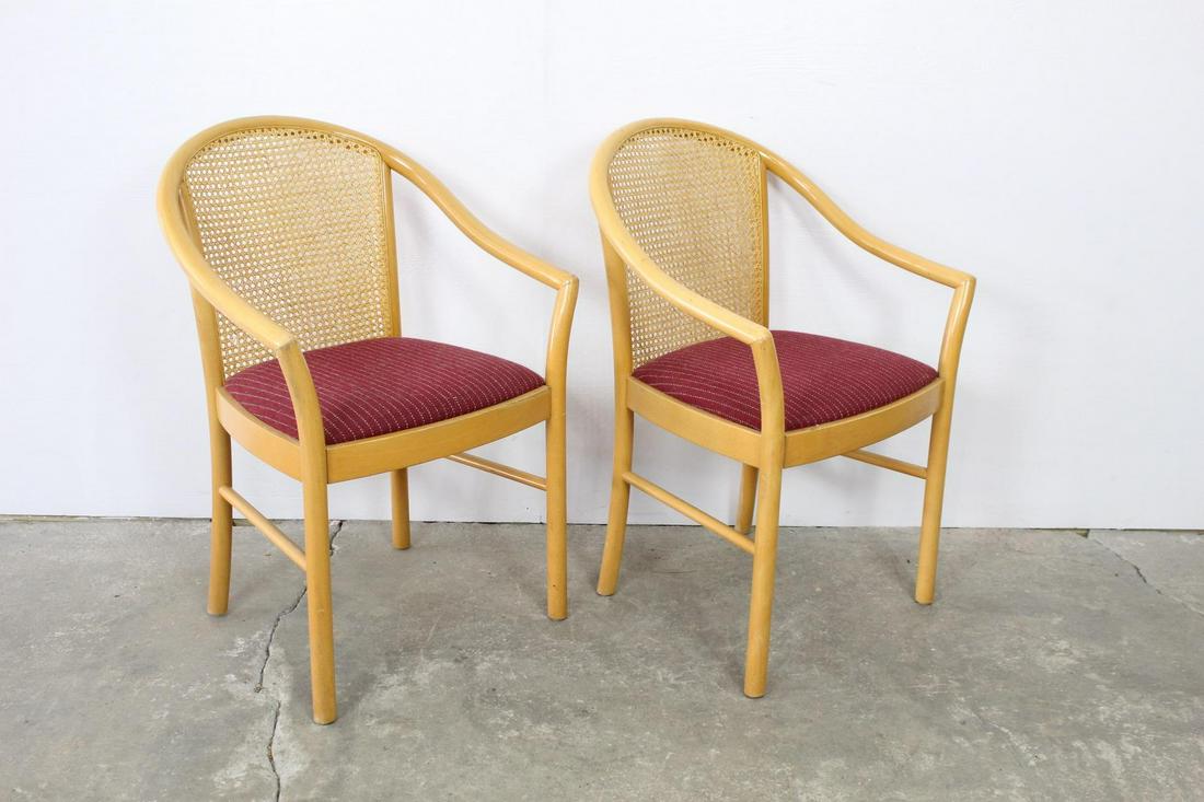 Pair Modern Wood Armchairs w/ Caned Back & Red Cushions (1 of 9)