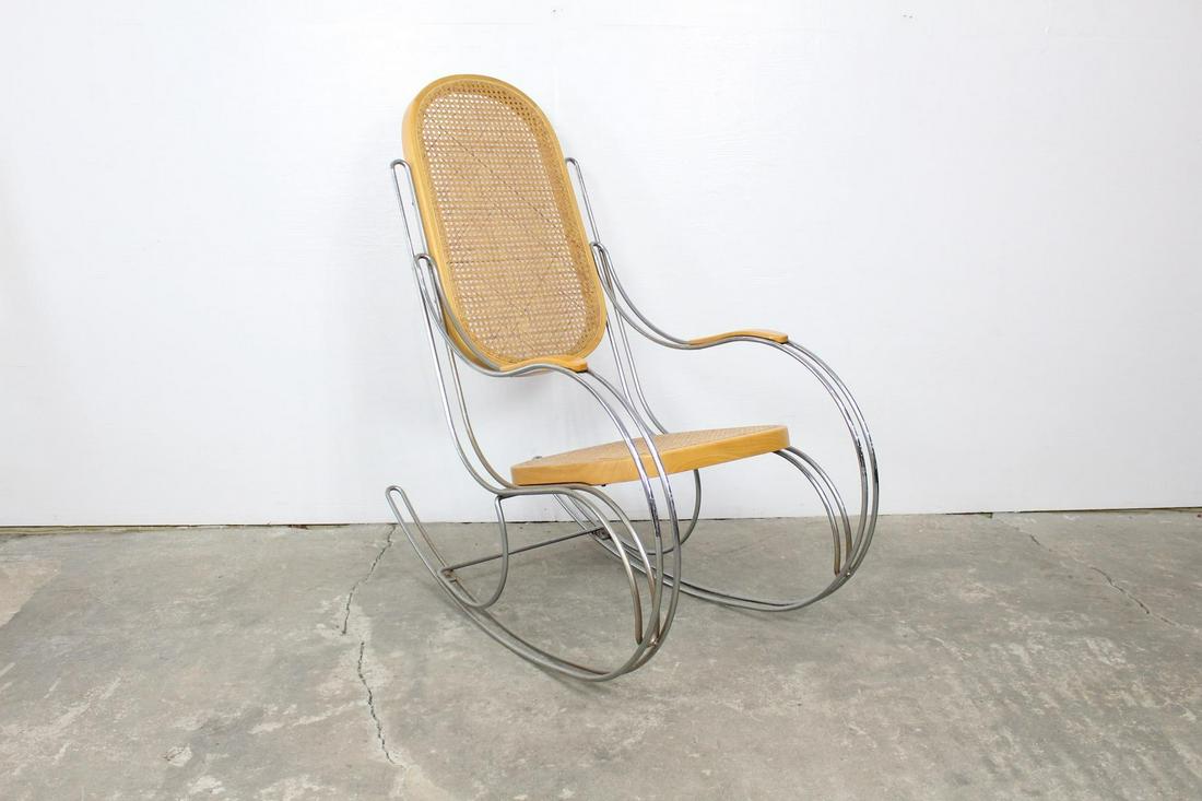 Mid-Century Modern Chrome & Cane Italian Rocking Chair: Mid-Century Modern Italian chrome and cane rocking chair. Wonderful MCM style with immaculate cane seating and light oak frame. The double pipe chrome scroll frame is in the shape of the traditional b