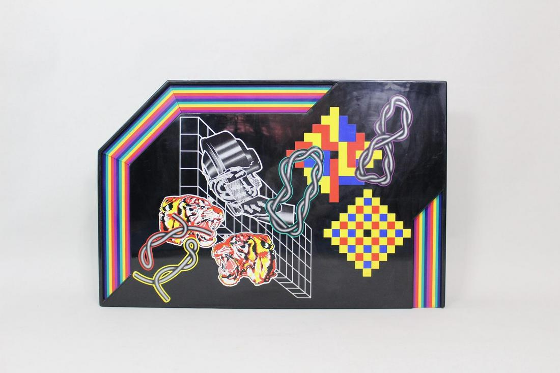 Peter Phillips British Pop Art Tiger 1968 Black Plastic: Peter Phillips British Pop Art Tiger 1968 Black Plastic. This is the piece Tiger-Tiger made by the British pop artist Peter Philips in 1968. It is color silkscreen on vacuum form plastic. The uniquely