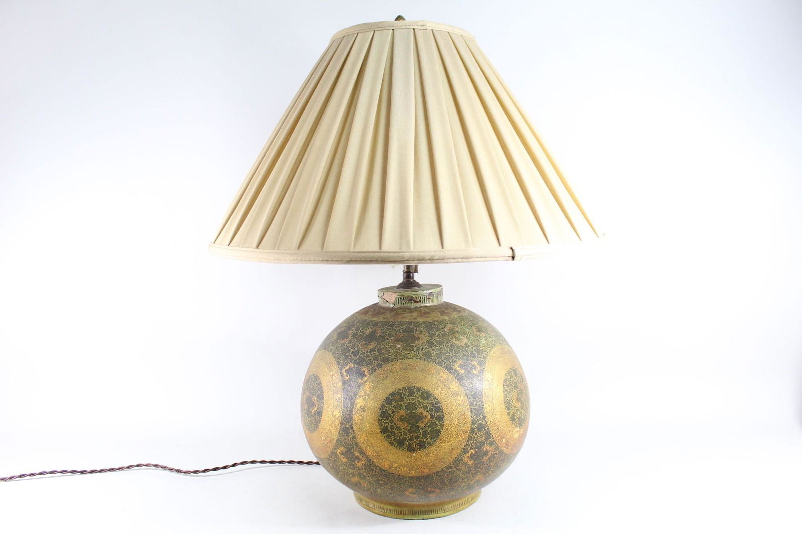 Round Wooden Ornate Painted Table Lamp w/Pleated Shade (1 of 9)