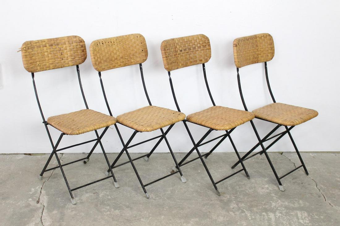 Set of 4 Woven Cane Rattan Wrought Iron Folding Chairs (1 of 7)