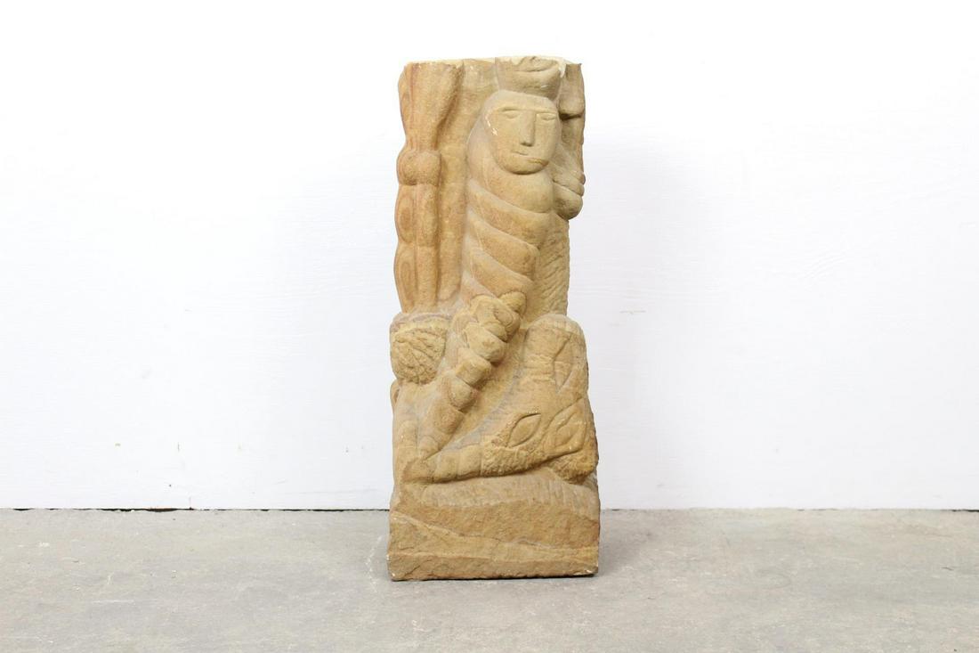 Folk Art Naive Carved Stone Sculpture Caterpillar Man: Folk Art Naive Carved Stone Sculpture Man Caterpillar. This is a wonderful naive stone sculpture depicting a human head on the body of a caterpillar. On the back is a large grumpy face. It has a long,