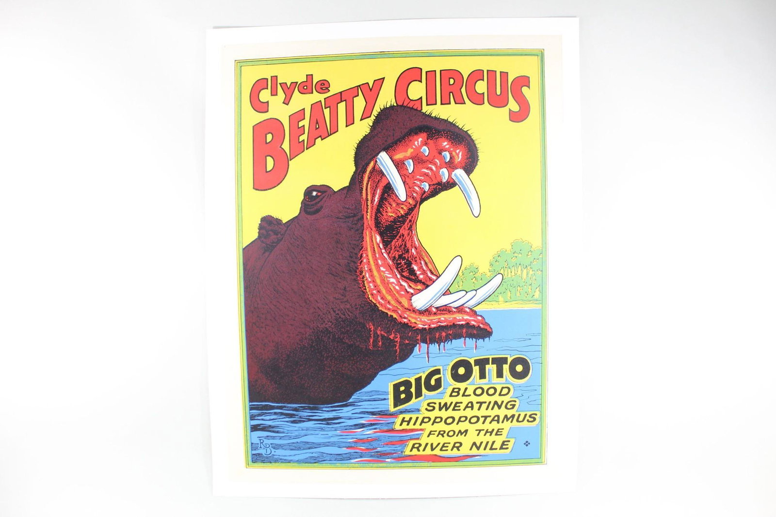Vintage Clyde Beatty Bros Circus Hippopotamus Poster: Vintage Clyde Beatty Bros Circus Hippopotamus Poster. Poster is printed in bright primary colors, depicts an open-mouthed hippo, and declares "Big Otto Blood Sweating Hippopotamus from the River Nile.
