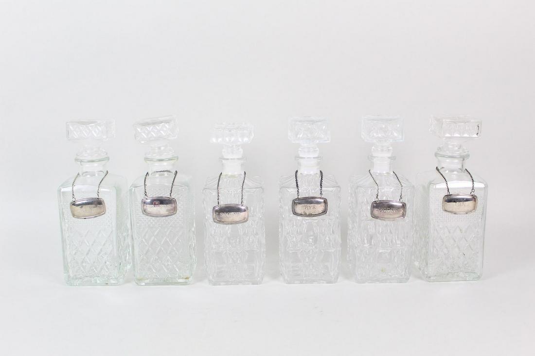 Set of 6 Glass Liquor Decanters w/Sterling Silver Tags (1 of 10)