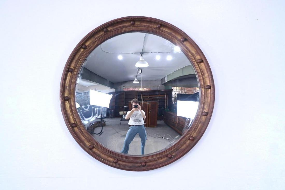Large Convex Bullseye Gilt Patina Wood Framed Mirror (1 of 10)