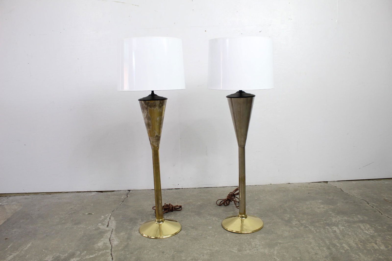 Pair of Tall Brass Colored Table Lamps w/White Shades (1 of 10)