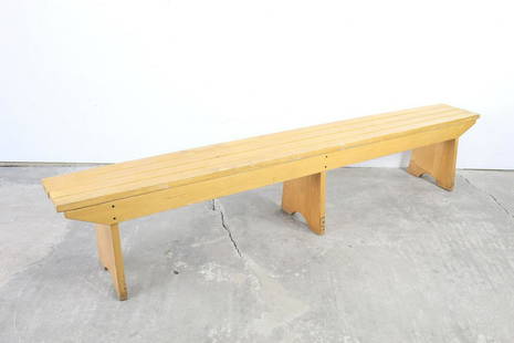 8 Ft Long Mid Century Modern Slatted Wooden Bench (1/2): 8 Ft Long Mid Century Modern Slatted Wooden Bench (1/2). Top is made of 4 slats, and is supported by 3 simple legs with half-circle cutouts at the floor. Wonderful seating for a mudroom, entryway or