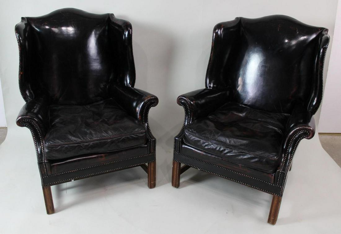 Pair of Black Patent Leather Studded Wingback Armchairs (1 of 7)