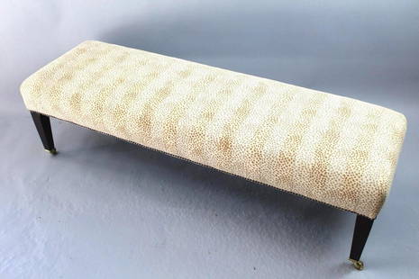 George Smith Long Leopard Print Bench,Brass Casters: George Smith Long Leopard Print Bench,Brass Casters. This is a handsome long bench made by George Smith. It has tapered legs with brass casters. The upholstery is a striped leopard print and it is