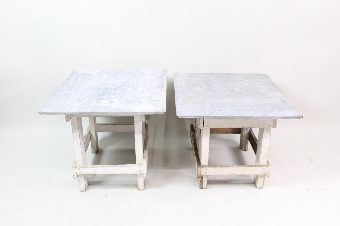 Pair Industrial White Wood Tables Galvanized Metal Tops (1 of 11)