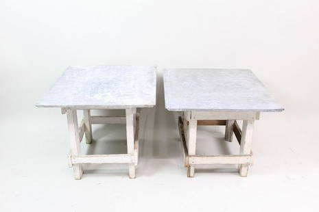 Pair Industrial White Wood Tables Galvanized Metal Tops: Pair Industrial White Wood Tables Galvanized Metal Tops. These industrial side tables have geometric, white-painted wooden frames with galvanized metal tops. The tables are quite similar, but not