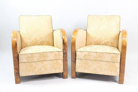 Pair of European Art Deco Figured Wooden Arm Chairs: Pair of European Art Deco Figured Wooden Arm Chairs. This pair of Art Deco armchairs are truly charming. We believe them to be European in origin (possibly Swedish or Hungarian) due to the form of