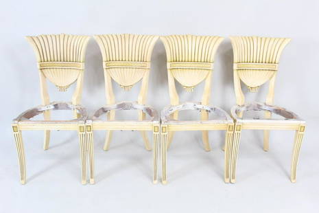 Set of 4 Cream Shell Carved & Painted Dining Chairs: Set of 4 Cream Shell Carved & Painted Dining Chairs. Elegant matching chairs have fluted backs that are shell-like, curved legs, and are painted cream with yellow accents. Seats are missing.