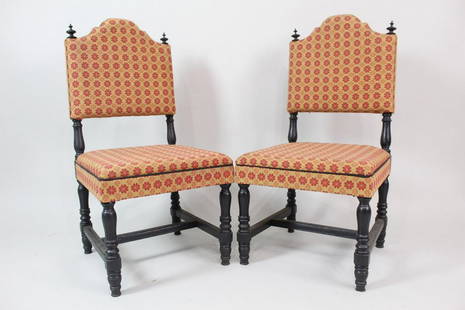 Pair Modern Black Turned Wood Floral Upholstered Chairs: Pair Modern Black Turned Wood Floral Upholstered Chairs. These chairs have turned wooden frames, which have been painted black, and charming finials at the top. They are upholstered with a modern