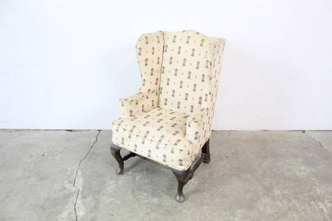 Children's Queen Anne Wingback Chair, Salesman's Sample: Children's Queen Anne Wingback Chair, Salesman's Sample. This adorable children's or salesman sample wingback chair is made in a Queen Anne style complete with turned wood legs. It is upholstered