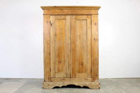 Large Country Farmhouse Wooden Wardrobe Armoire, Patina: Large Country Farmhouse Wooden Wardrobe Armoire with Patina. Handsome case has a simple carved base and shelves inside. Visible joinery and patinated exterior give this piece so much character. 