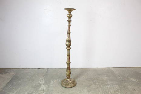 Gilded Baroque Turned Wood Altar Floor Candle Holder: Gilded Baroque Turned Wood Altar Floor Candle Holder. This tall floor candle stand was most likely used in a church as part of an altar setting. The wood is turned in a beautiful Baroque style with a