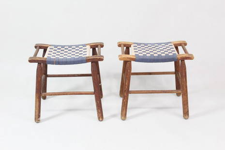 Pair of Wooden Stools w/Woven Blue Checkered Seats: Pair of Wooden Stools w/Woven Blue Checkered Seats. Small foot stools have frames of wood with curved seats for comfort; seats are made of blue and white fabric strips which are woven to create a