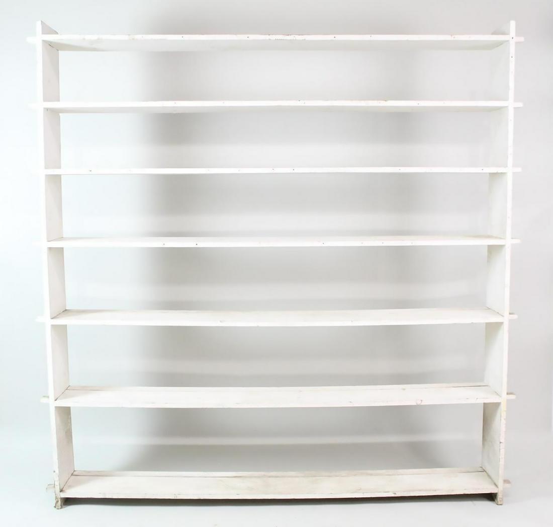 Large White Painted Wooden Tusked Mortise & Tenon Shelf: Large White Painted Wooden Tusked Mortise & Tenon Shelf. This sizable shelf utilizes the tusked mortise and tenon method of joinery, creating a distinctive look. It is made of wood that has been paint