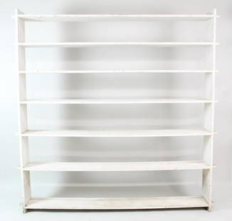 Large White Painted Wooden Tusked Mortise & Tenon Shelf: Large White Painted Wooden Tusked Mortise & Tenon Shelf. This sizable shelf utilizes the tusked mortise and tenon method of joinery, creating a distinctive look. It is made of wood that has been
