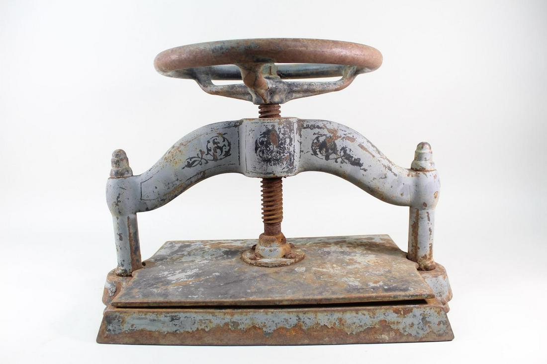 Antique Blue Painted Ornamental Iron Wheel Book Press (1 of 9)