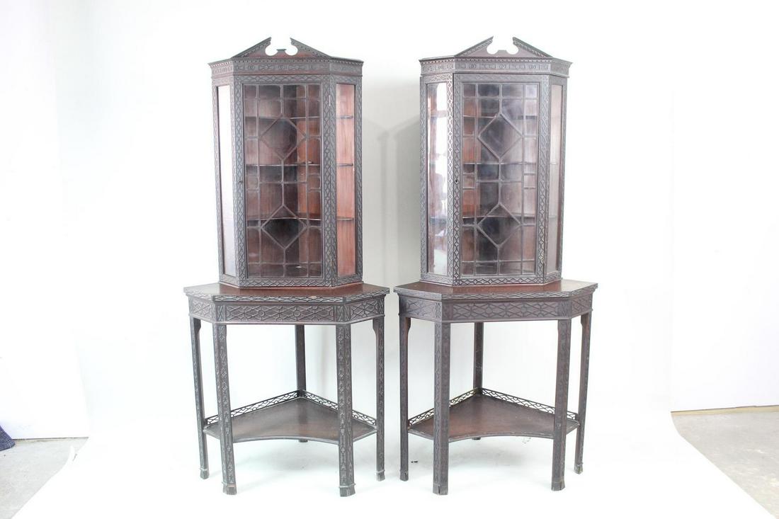Pair Antique Wood & Glass China Display Corner Cabinets (1 of 18)