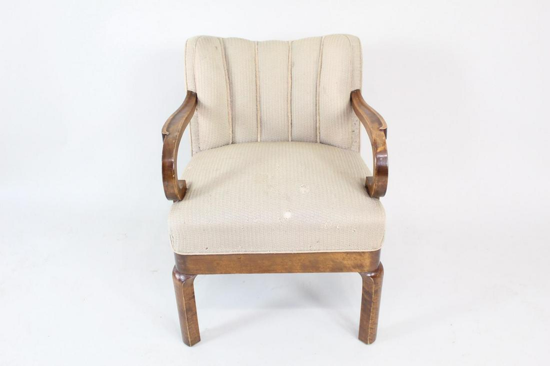 Art Deco Upholstered Light Gray Green & Wood Arm Chair (1 of 11)