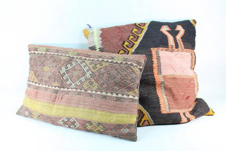 2 Large Kilim Woven Brown Orange Yellow Throw Pillows