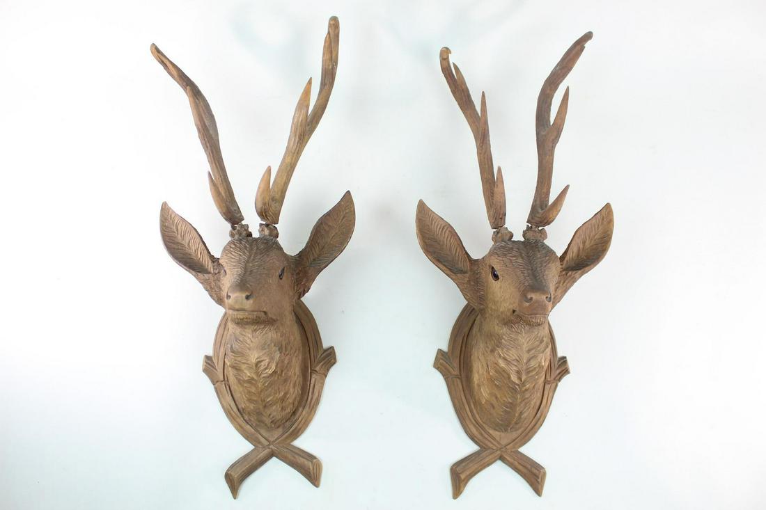 Matching Pair Black Forest Carved Mounted Deer Heads (1 of 18)